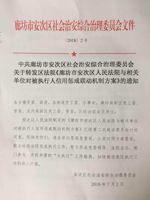 市安次区人民法院与相关单位对被执行人信用惩戒联动机制方案》的通知