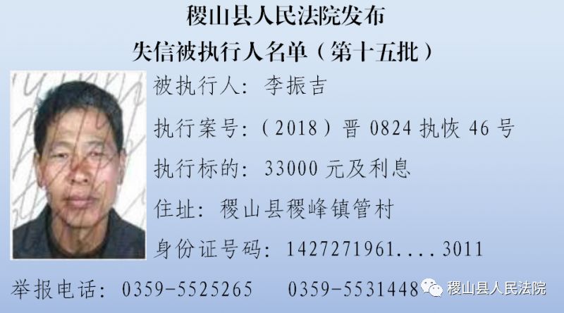 【失信名单】稷山县人民法院发布失信被执行人名单(第十五批(五)