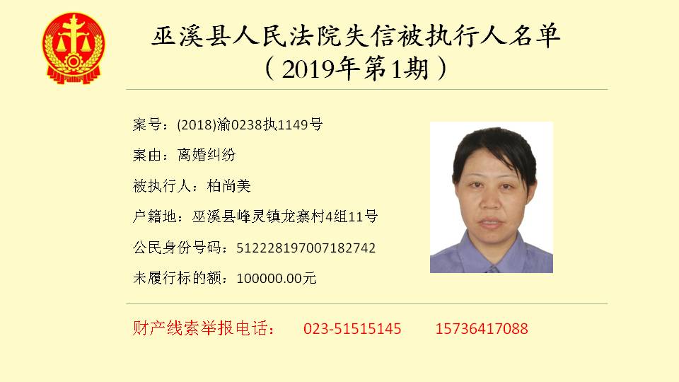 巫溪县人民法院失信被执行人名单2019年第1期